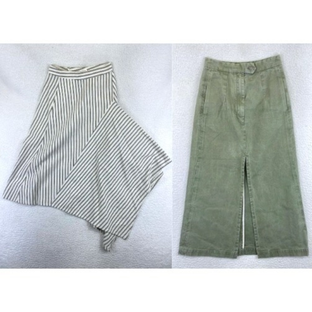 Masscob Asymmetric Striped Midi Skirt Womens 34 Gray Green Cotton Minimalist